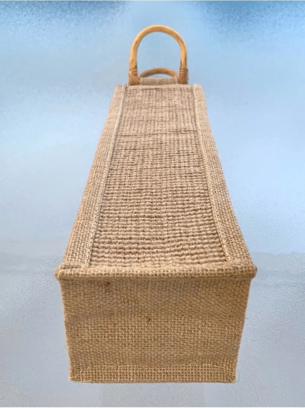 Jute Single Wine Bottle Natural Tan Gift Bag with Bamboo Handles